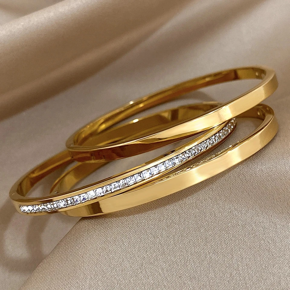 3 Pc Gold Tone Crystal Cuff Bracelets Women Textured Stackable Stainless Jewelry - Image 4 of 4