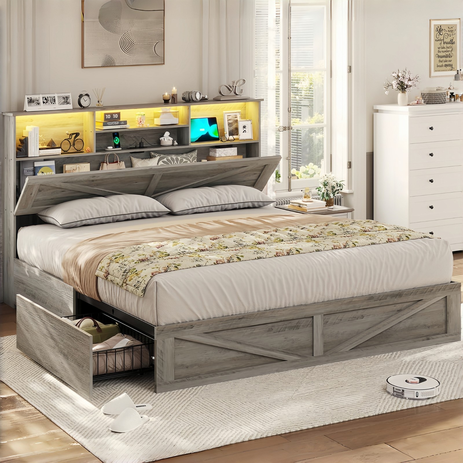 T/f/q Size With Bookcase Headboard &4 Storage Drawers