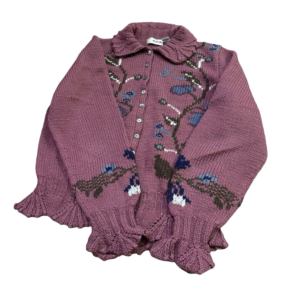 Cárdigan Floral Vintage ASTON 100% Lana Botón Cuello Frontal/Rosa Polvoriento Foto 3 de 4
