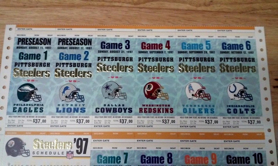 1997 Uncut Unused Pittsburgh Steelers 10 game Season tickets Run NFL