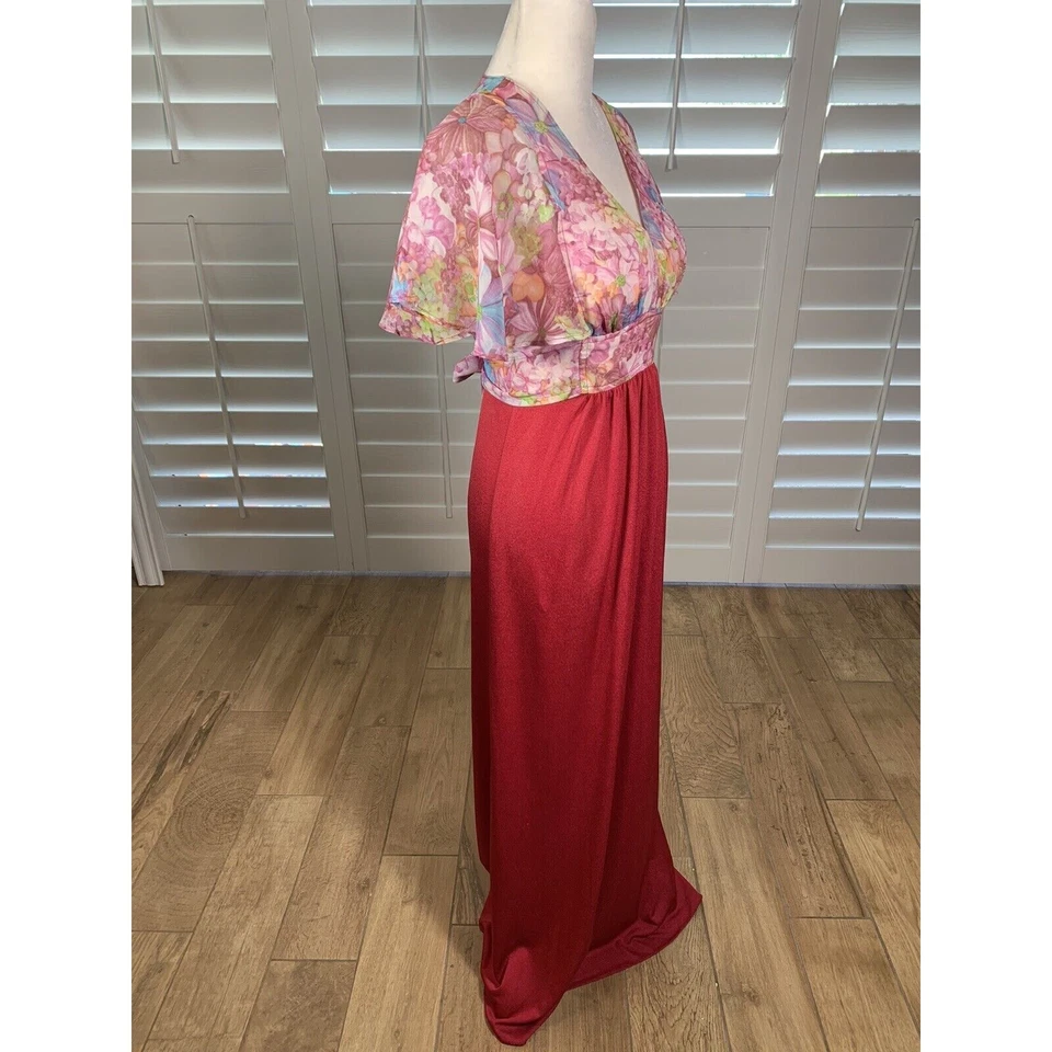 Vintage 70s Roberta California Maxi Dress Womens S Red Pink Floral Boho Hippie - Image 2 of 4