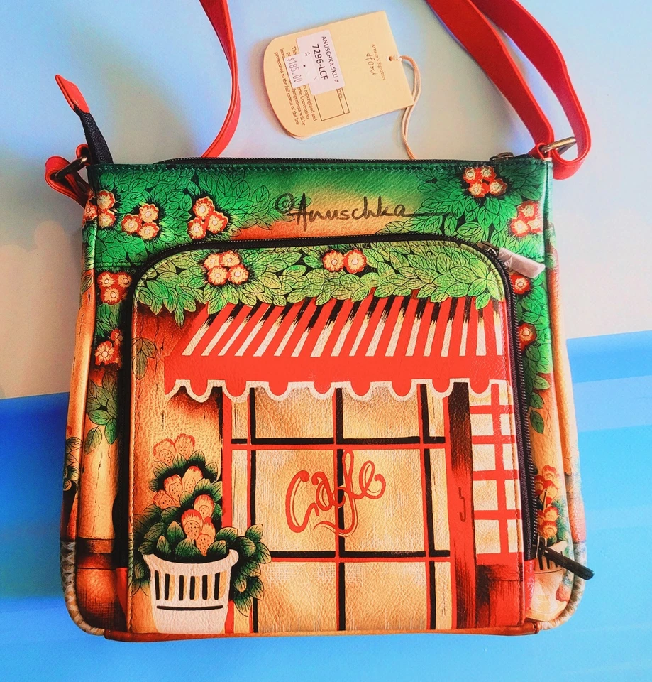 Nuevo Bolso Bandolera Anuschka Café Vespa Cartera Cuero Pintado a Mano BOLSILLOS 7296 Foto 3 de 4