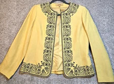 Kasper Linen Blend Blazer Jacket Open Front Embroidered Lined Spring Yellow Sz 8