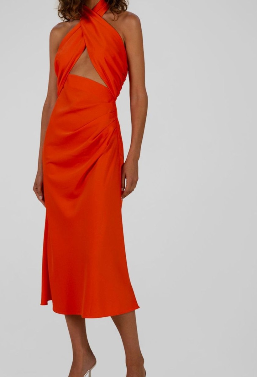 $344 Misha Women Orange Linnea Cutout Halter Midi Dress Size 6