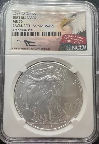 2016 Silver Eagle $1 Coin NGC MS-70 First Releases John Mercanti Signed