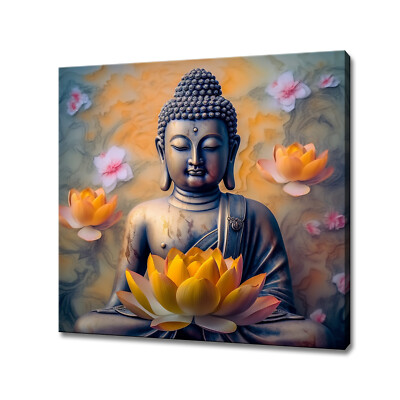 Meditierender Buddha orange Lotusblumen, buddhistisch asiatisch Wandbild Leinwandbild