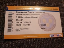 Shrewsbury Town V Lincoln City Football Ticket 2021/22