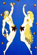 Erte 1987 ADAM and EVE FORBIDDEN FRUIT APPLE FIG LEAVES Art Deco Matted Print