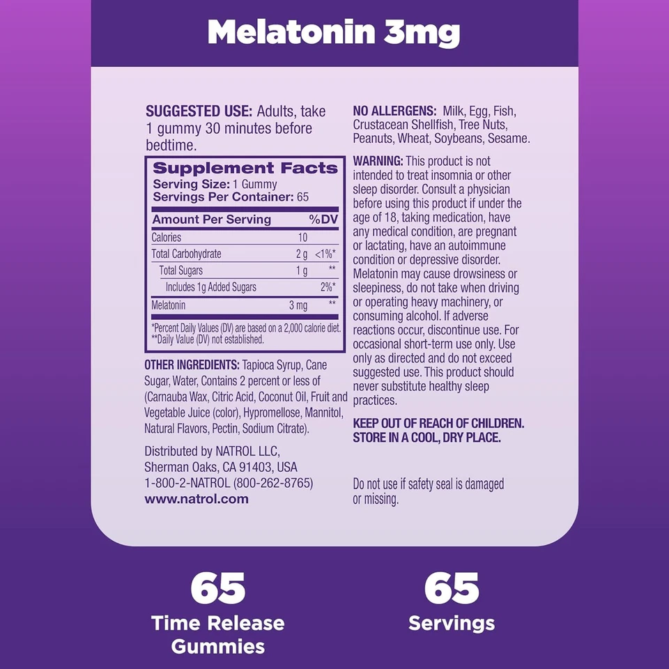 Gomitas Natrol Melatonina 3 mg 65ct | Ayuda para dormir, vegana, fórmula de liberación prolongada Foto 4 de 4