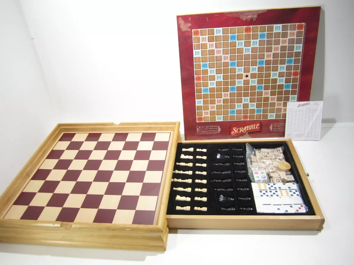 Wooden Board Game Box Scrabble Chess Checkers Dominoes