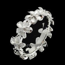 Hawaiian Ring Plumeria Lei Flower 8mm Band Ring Sterling Silver Rhodium WG Look