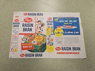 1950s Post RAISIN BRAN Cereal Box Wax Over Wrap Fairies Toy Boat Offer