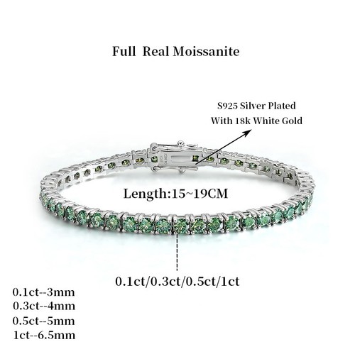 Full Green Real Moissanite Bracelet Tennis Chain 925 Sterling Silver Hip Hop GRA - Picture 11 of 15