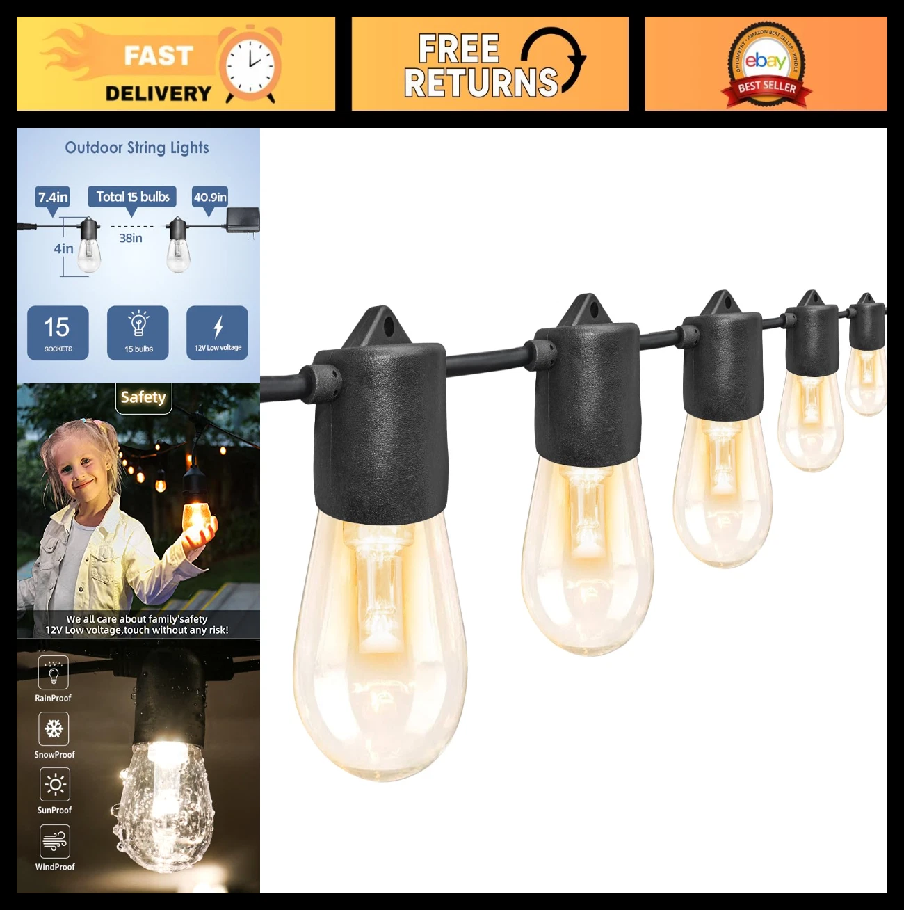12V LED Outdoor String Lights 48FT, 15 Shatterproof Bulbs, Warm White Pergola Li