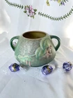 Roseville Pottery Fuchsia Green Handled Vase Planter Pot Rose Bowl #346-4 Signed