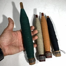 Lot Of 4 Antique Wooden Textile Spindle Bobbins Spools with Thread 7.75”-10”