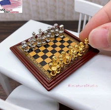 Miniature Dollhouse Chess Set 1:12 Metal Silver Gold Pieces & Board Toy 1/6