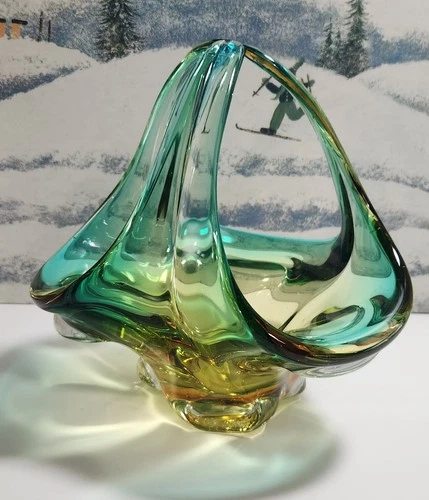 Vintage Hand Blown Glass Murano Basket Vase Green Yellow 7.5" x 7"