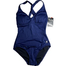 TYR DuraFast Elite Solid Halter Twist Back ControlFit 1pc Swimsuit Navy Sz 8 $75