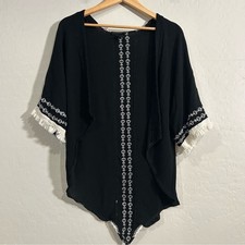 Steve Madden Embroidered Fringe Kimono OSFM Black Boho Open Front Wrap One Size