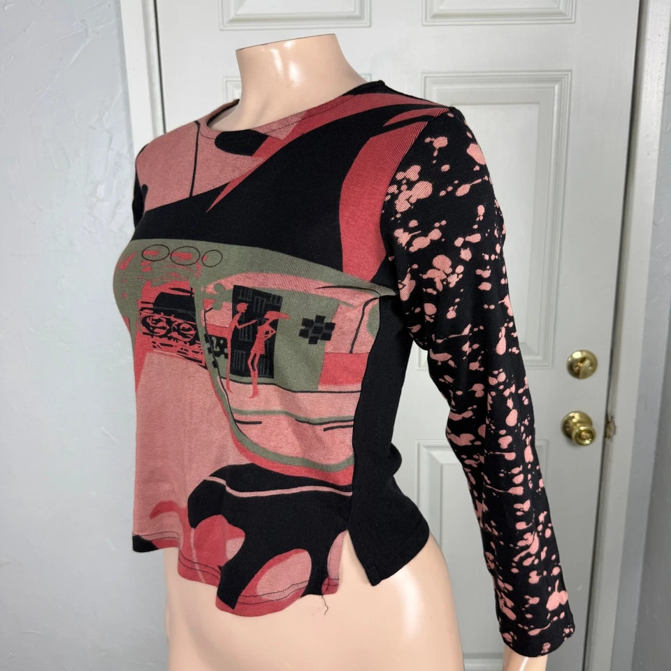 Vintage y2K Top M Shirt Knit Louise FD Long sleeve Cotton Dyed Print Baby Z3-26 - Image 4 of 4