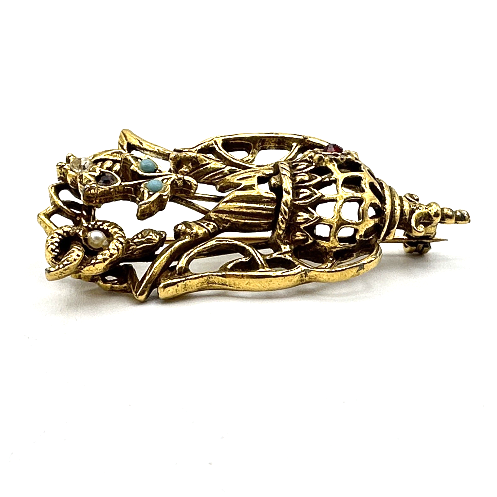 GOLDETTE vintage brooch - unsigned Victorian Revival flower urn basket ...