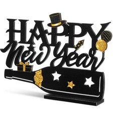 2026 Happy New Year Wood Sign Wooden Black Gold Glitter Tabletop Decorations