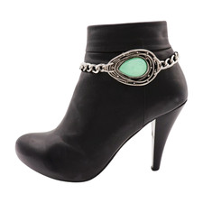 Women 2PCS Silver Metal Boot Chain Bracelet Shoe Anklets Teal Blue Drop Charm