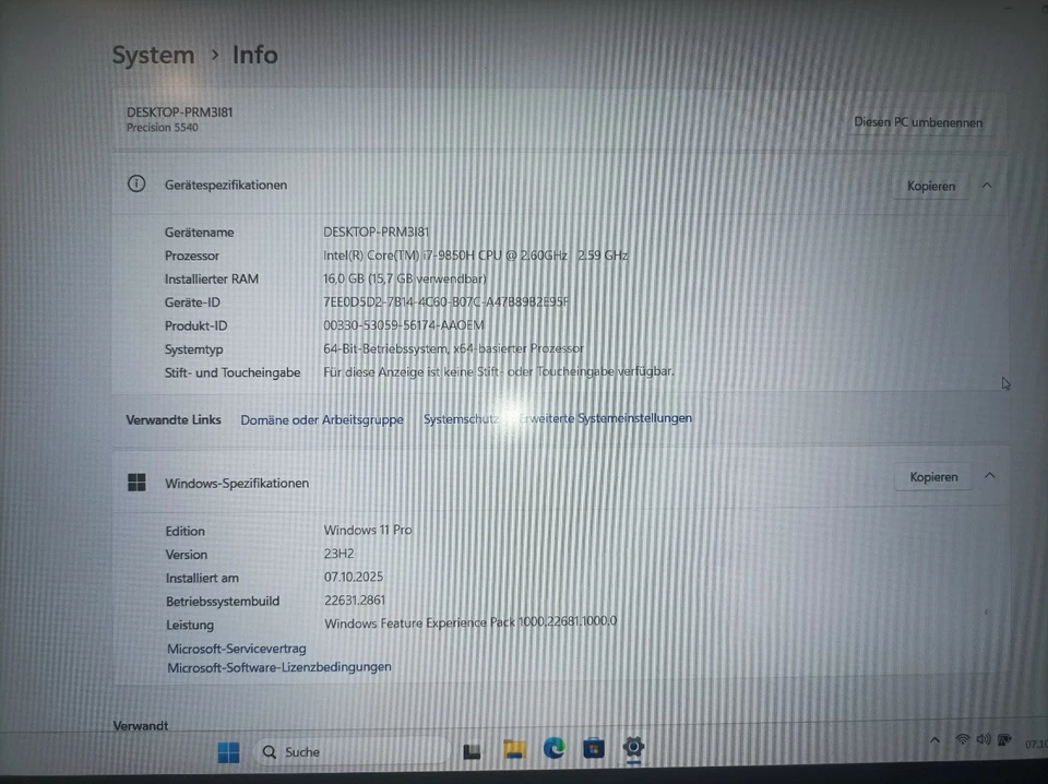 Dell Precision Notebook 5540 i7-9850H 16GB 512GB, 15,6" FHD, Windows 11 Pro, Nr8 - Bild 2 von 4