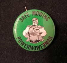 1966 VAUGHN BODE POWERMOWERMAN COMIC BOOK PROMOTIONAL PINBACK SAFE MOWING PIN