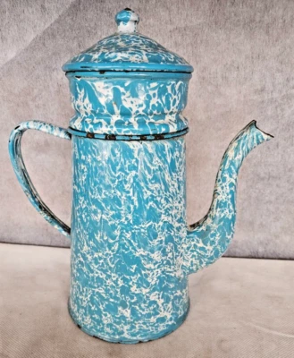 ANCIENNE CAFETIERE 2 ETAGES EMAILLEE MARBREE DE COULEUR BLEU BLANC - Photo 1/4