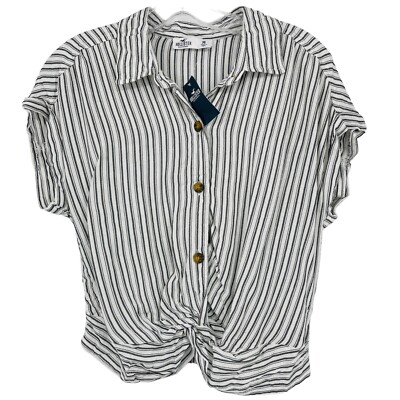 NEW Hollister Stripe Twist Crop Top White Short Sleeve Button