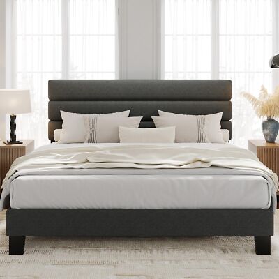 Modern King Bed Frame Headboard, Linen Fabric Upholstered Platform Bed Furniture