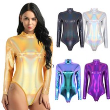 Womens Shiny Metallic Long Sleeves Dance Leotard Gymnastic Bodysuit Clubwear