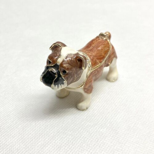 English Bulldog Jeweled Enamel Hinged Magnetic Close Trinket Ring Pill Box