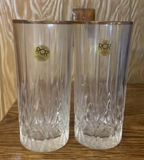 Royal Crystal Rock RCR Oneida Crystal Highball Glass Gold Rimmed Set Of 2
