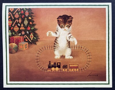 *ONE* RARE NEW VTG Christmas Card Lowell Herrero Brown Tabby Kitten Toy Train 1
