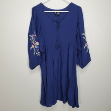New Directions Blue Tassel Tie Neck Dress Size 1X Floral Embroidered 3/4 Sleeve