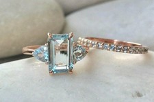 2.7ct Natural Blue Aquamarine Engagement Ring Bridal Set 14k Rose Gold Plated