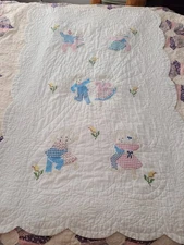 VTG baby crib quilt blanket hand Sewn & embroidered 35" X 53" Boy Girl Teddybear