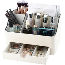 PU Leather Makeup Organizer with Drawer, Skincare Organizer for Vanity, Cosme...