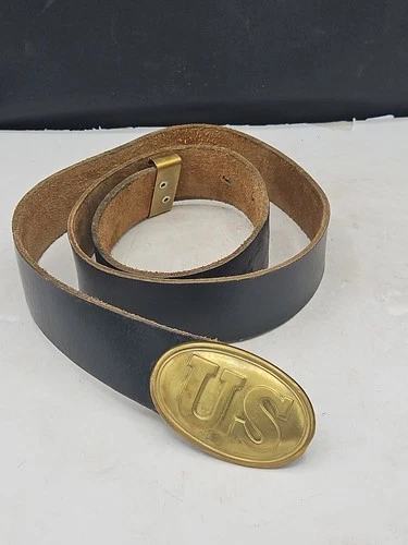 Repro Civil War US Army Leather Belt w Brass US Buckle (buckle to holes 33"-41"