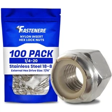 Nylon Insert Hex Lock Nuts - 1/4"-20 (100-Pack) Stainless Steel 18-8, Plain F...
