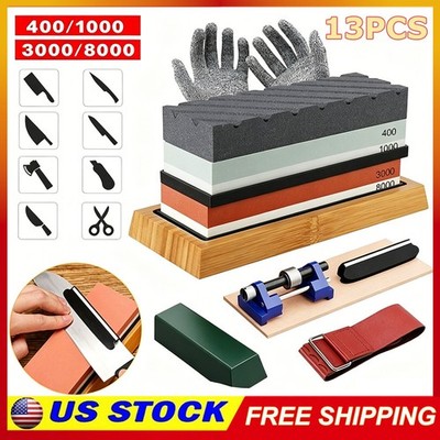 13x Knife Sharpening Stone Set 400/1000 3000/8000 Grit Whetstone Knife Sharpener