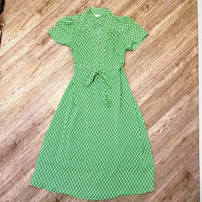 Calista Green Geometric Print Midi Dress Short Sleeve Button Front Tie Waist S