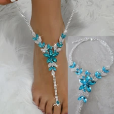 Sparkling Turquoise Crystal Rhinestone Anklet Toe Ring Ankle Bracelet Beach Boho