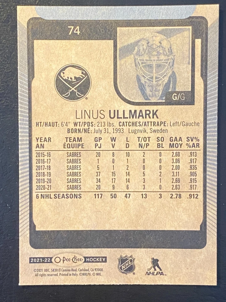 Linus Ullmark 2021-22 O-Pee-Chee Hockey #74 Buffalo Sabres - Image 2 of 2