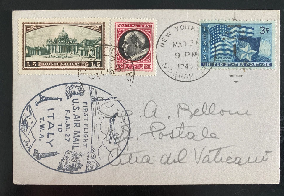 1946 New York USA First Flight Airmail Cover FFC To Vatican City FAM 27 - Image 2 of 2