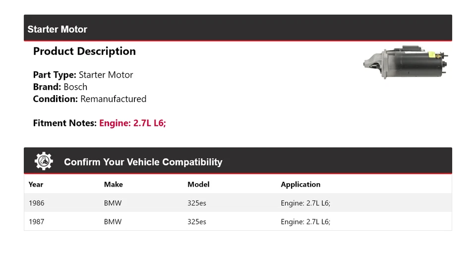 Arranque Bosch para BMW 325es 1986-1987 2,7 L L6 (remanufacturado) Foto 2 de 4