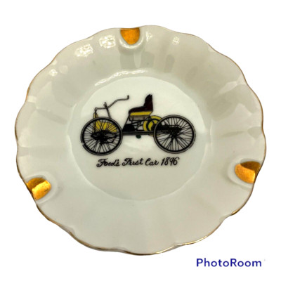 Vintage Ashtray 3 Cigarette Holder White Gold Trim Ford's First Car 1896 Japan